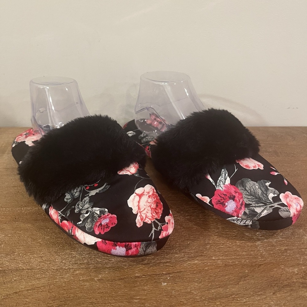 Victoria's Secret Floral Satin Faux Fur Slide Slippers w/ Matching Dust Bag Sz L